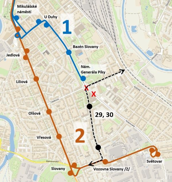 mapa 1, 2 výluka Koterovská 2023 mapa 1, 2 výluka Koterovská 2023